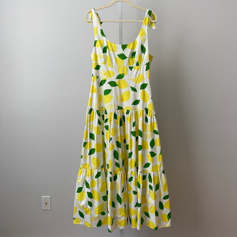 Kate Spade Cotton Coastal Tropical Beachy Dainty Lemon Print Maxi Dress 8 Yellow